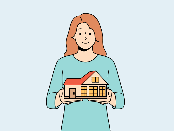 Ilustración de mujer sonriente portando una casa en sus manos